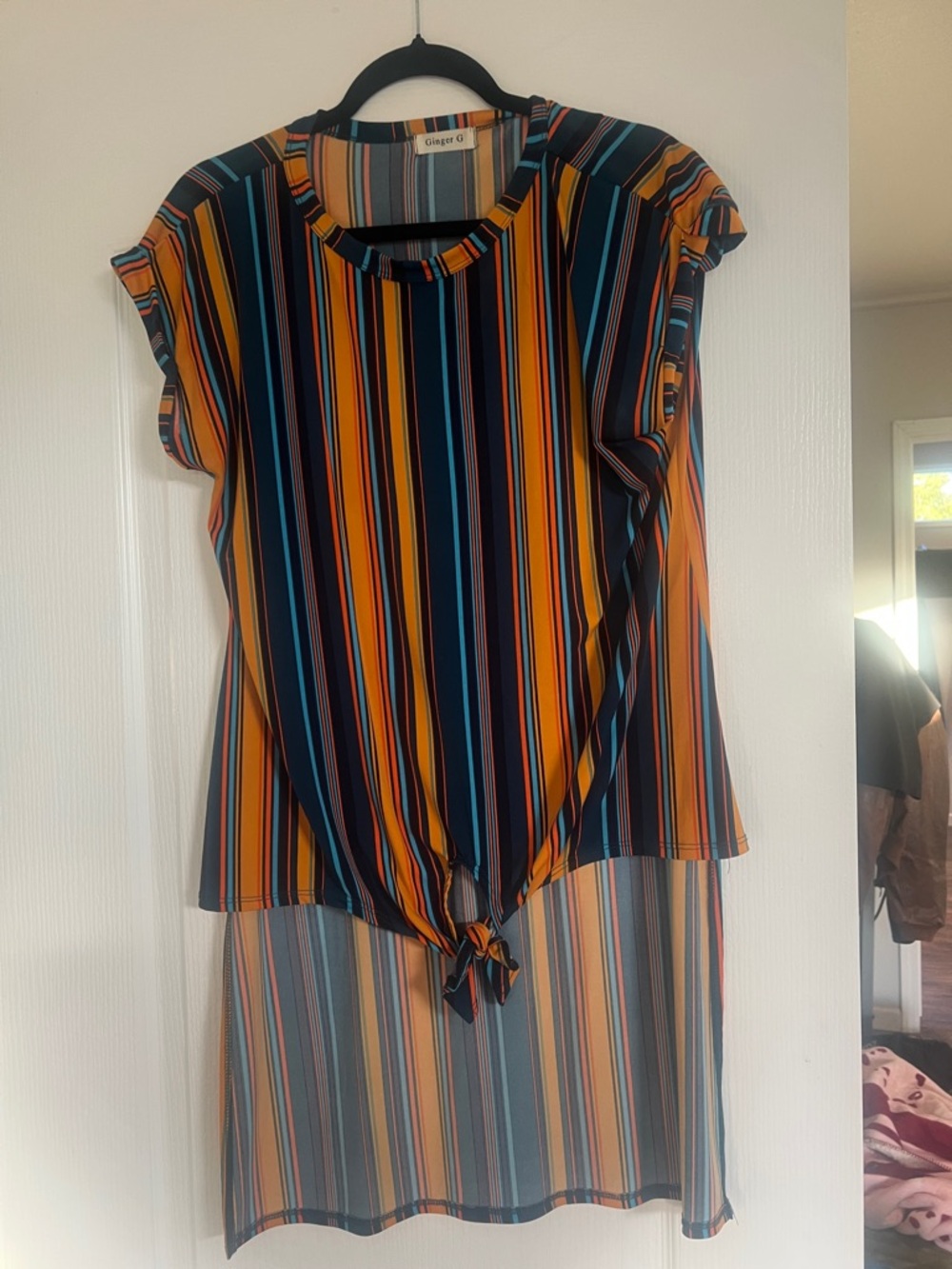 Ginger G Striped Tie-Front Tunic in Navy, Mustard & Teal